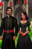 Placeholder: Strahd von Zarovich smiling, dressed in black and Ireena Kolyana frowning, wearing a wedding dress standing outside Castle Ravenloft in the illustrated style of dungeons and dragons