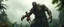 Placeholder: we see an enourmous giant man with ancient clothing. storm giant in wet jungle, lifting a terrified native man