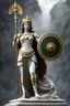 Placeholder: highly detailed marble and jade roman statue on a plint of a 18 year old goddess of love and war in plate mail and carrying a spear and holding a round shield in front of her. full body shot, invisible gloves, , volumetric fog, Hyperrealism, breathtaking, ultra realistic, unreal engine, ultra detailed, cyber background, Hyperrealism, cinematic lighting, highly detailed, breathtaking, stunning temple environment