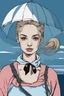 Placeholder: Standing in the grey-north sea with white clothes. Girl with a bun. Rains heavily. You see her face, blues eyes and blond hair. She holds and umberella. Pop-art. Umberella is petrol blue.