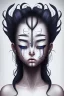 Placeholder: Crying girl, sad, expressive, emotive, frowning, furrowed eyebrows, pouting lips, dark blue skin, white long flowing hair