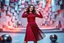 Placeholder: a pretty stage made of metallic blue-gray teme 3d recursive cubic and sphere base structures and a beautiful fashion model lady posing with joy and cute ,with dark red top and pretty pleated midi skirt ,makeup curvy long hair,dynamic camera zoom to full body and pan, dynamic lights.