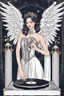 Placeholder: Photo front view half body excellent realistic portrait Beautiful Angel straddle wings ,she on playing music turntable ,wearing luxury Victorian gown,at club disco party