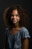 Placeholder: full body portrait of a 14 year old girl named Runa Rivers, main character of a youth novel, tall for her age - ca. 1,75m, looking older than she is, light blue eyes, full lips, side cut, dark brown curly short hair, smiling, black skin looking caucasian, freckles