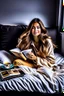 Placeholder: On the cover of the magazine, a gorgeous supermodel lounges on a plush bed with a fluffy duvet and cushions. She is dressed in a stylish and comfortable sleepwear ensemble from a renowned designer brand. Her long hair is sleek and shiny and her makeup is natural and radiant. She looks relaxed and happy, holding a cup of coffee and a book