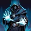 Placeholder: fantasy 90's tcg art hooded figure man with ice powers holding out hand