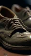 Placeholder: A hyperrealistic shot of pair of old army leather shoes with a hole in front and small mouse hidden in it , the head of the mouse , intricate details, soft natural light, screen captured from 4K Blu-ray