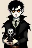 Placeholder: black haired black eyed young man necromancer goth hobbit with gothic jewelry and pet black rat in the style of Charles Addams