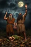 Placeholder: A Stone Age man and his wife with long hair and beard wearing an animal skin cloths standing with anger , looking up to the sky , raising both hands up like prayer. His baby who is laying dead on the ground covered with leaves, A cloudy stormy behind a dim lighting moon ,4k, dramatic scene,