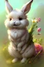 Placeholder: a cheerful cute furry fluffy chibi bunny holding a beautiful big carrot with the green on the green field with flowers S<AI by Jean-Baptiste Monge, watercolor and ink, intricate details, fantasy, beautiful, award winning, colorful, fantastic view, crisp quality, in sunshine