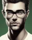 Placeholder: Fit man in round glasses, wavy hair, stubble, slim, tie, monotone, green eyes, comic book style, two tone colours, detailed, ink, realistic, handsome, square jaw, big brows, no jacket, bird on the shoulder, spotlight