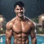 Placeholder: Hyper realistic extremely handsome muscular short black hair man smiling & standing between swimming pool in a heavy rainy night