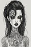 Placeholder: create a disturbing horror full body sketch of a dark haired, savage, gothpunk vampire girl with highly detailed , sharply defined hair and facial features, in the style of Junji Ito, precisely drawn, inked, with dramatic edges,