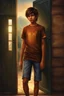 Placeholder: 15 year old young boy with lightly tanned skin and brown hair wearing a teeshirt, photorealistic, standing by a door, fantasy