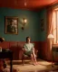 Placeholder: Room scene with sit woman, Wes Anderson style, realistic photo, concept art, smooth, unreal engine 5, god lights, ray tracing, RTX, lumen lighting, ultra detail, volumetric lighting, 3d.