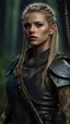 Placeholder: photorealistic hyperdetailed portait of an 18-year-old female as mercenary with long blonde and undercut hair with braids, tribal tattoos wearing modern mercenary uniform dark fantasy forest backdrop