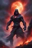 Placeholder: the Phantom, Strong, athletic physique, action poses, battle scars, blood, foggy, cloudy background, multicolored lightning, flowing lava, Full Eclipse, aliens, explosions, bright, vibrant, extremely colorful, detailed, blood red skies