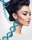 Placeholder: a woman smiling face, close eyes, pastel peach colors, DNA molecule hair thread imitation