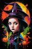 Placeholder: Wednesday Addams as a beautiful Halloween witch. graffiti art, splash art, street art, spray paint, oil gouache melting, acrylic, high contrast, colorful polychromatic, ultra detailed, ultra quality, CGSociety