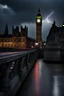 Placeholder: London, far shot of big ben being hit by lightning, no people, view from bridge