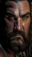 Placeholder: stunning extreme frontal close up photography of a 37 years old burly muscular marocan chubby ugly biker, sensual smile , shirtlesst, long hair, long beard, sitting in a pub , photorealistic, side light, ambient occlusion, frontal view, 80mm lens, sensual eyes