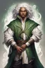 Placeholder: young mulatto sorcerer man with green eyes and wavy snow white hair, dressed in epic commoner clothing