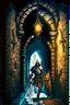 Placeholder: A frightening castle dungeon hallway with an knight warrior in rusty chainmail holding a zweihander painterly rpg art