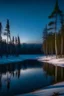 Placeholder: Bosque de pinos, en el invierno cubierto por nieve bajo la luna brillante y un lago congelado