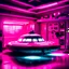 Placeholder: garage containing hovercraft, pink lighting