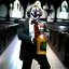 Placeholder: Randy West, A clown that is looking Like the famous actor Randy West holding a bottle inside a church, Randy West is an actor from the 1980