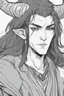 Placeholder: A dnd character portrait, a tiefling man with long hair and two black horns, white eyes and pale skin. Handsome. Young.