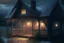 Placeholder: A cozy cottage porch in a storm with fairy lights hanging from the rafters detailed matte painting