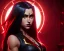 Placeholder: j.scott campbell, serena from mortal kombat, full body portrait, wearing black and red, big eyes, long black hair with red streak, small up turned nose, large breasts, small waist, round butt, standing, dark cobblestone alley, one halo light above, non photorealistic rendering