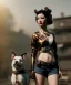 Placeholder: Ultra realistic, steampunk western party scene. Geisha Asian woman with dog-man, waist up view, dancing, happy, color smoke, highly detailed, concept art, unreal engine 5, god rays, ray tracing, RTX, lumen lighting, ultra detail, volumetric lighting, 3d, finely drawn, high definition, high resolution.