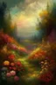 Placeholder: MAGIC fantasy, medieval painting, gloomy landscape surrounded by forests, dense thickets of flowers with brushes, impressionism style