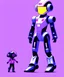 Placeholder: little girl sitting inside a big robot suit, white and purple