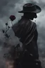 Placeholder: Close up of a broken man crushing a black rose and blowing the ashes In the wind, highly realistic, Gothic, sad, 8k quality, abstract background