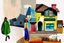 Placeholder: whimsical arafed nonsense, patchwork vibe, acrylic and ink painting of a cozy village main street on undulating hills with color (((minimal))) sketches of village people with (((extremely long limbs))), (((oversize head))), sharp color contrasts, amazing shadows, (((exaggerated limbs and head))), minimal cozy, warm palette, bright bold warm summer colors, color leak, sparse bright orange-red splinters, heavily distorted views, amazing parallels, amazing reflections