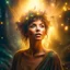 Placeholder: painting, portrait of brown hippie pixie hovering in the underground grove sparkling light confetti, in the style of dali, 8k, down-light, soft light, depth of field, photo realism, trending on art station, high detail, smoke and fog