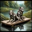 Placeholder: one gray and one brown fantasy anthropomorphic wolf-human hybrids creature in body hair lie exhausted and wet on their stomachs on two wooden boards next to a deep river, on the opposite bank in the distance, hour-long, thick-trunk trees are faintly visible, grass, mud, rain, high realistic, detailed, cinematic, sci-fi, digital art, dark fantasy mood