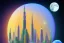 Placeholder: Painting of one mile tall plastic moon city Towers made out of stacked Rubik's Cubes, Orange, white, blue, green. Jewel tones