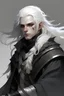 Placeholder: white hair, pale eyes, black feather coat, 1 rapier, scars, middle age, white hair, long hair, shaved, d&d