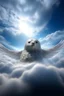 Placeholder: fluffy clouds, portrait of winged seal soaring like an angel through the clouds with a blessed smile, gates of heaven, 4 k, down light, depth of field, trending art, high detail