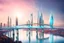 Placeholder: Dreamlike Skyline of Downtown futuristic hightech city in 4050 and a stunning futuristic Bridge During Sunlight with dark grey clouds in sky, over the azur-silver color river, cold colors, come storm, high detalied, sci-fi, landscape