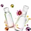 Placeholder: two bottles for cosmetics, behind a beautiful floral spring floral background, top view picture, in the background there are beautiful soap bubbles, molecules and honeycombs, high-quality picture, top view