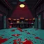 Placeholder: Comic style, desolate dark arcade, blood on the floor, no humans