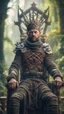 Placeholder: close up portrait of a happy blessed ancient magical king mad max soldier standing on a throne, holding a sceptre, in a space alien mega structure with stairs and bridges woven into a sacred geometry knitted tapestry in the middle of lush magic forest, bokeh like f/0.8, tilt-shift lens 8k, high detail, smooth render, down-light, unreal engine, prize winning