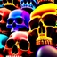 Placeholder: a picture of a dark, comedic, anatomically correct wall of colorful tightly packed stacked skulls of varying sizes and expressions, photo realistic, insanely meticulous, highly detailed, part of a collection of bones on display, 64k, dystopian, vray, cartoonish, cartoon character skulls