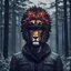 Placeholder: a man wearing a helmet made of lion head, darkish, epic, head photo side, cold forest background, retro pixel art