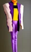 Placeholder: Camouflage colors are terracotta, cream and purple, lilac and Cream latex! European daft punk woman. Mantle is sewed of recycled Denim and sewed together of recycled polymer felt. Yellow(Munsell) areas. hint of orange as effect color!!Big bright purple/khaki felt tippet and cream or blue or lilac colored-hood. mantle is merged with satchel. . AKG-style headphones (gold rings!) is merged with small felt cap with small visor. Style: Haute Couture in 1998